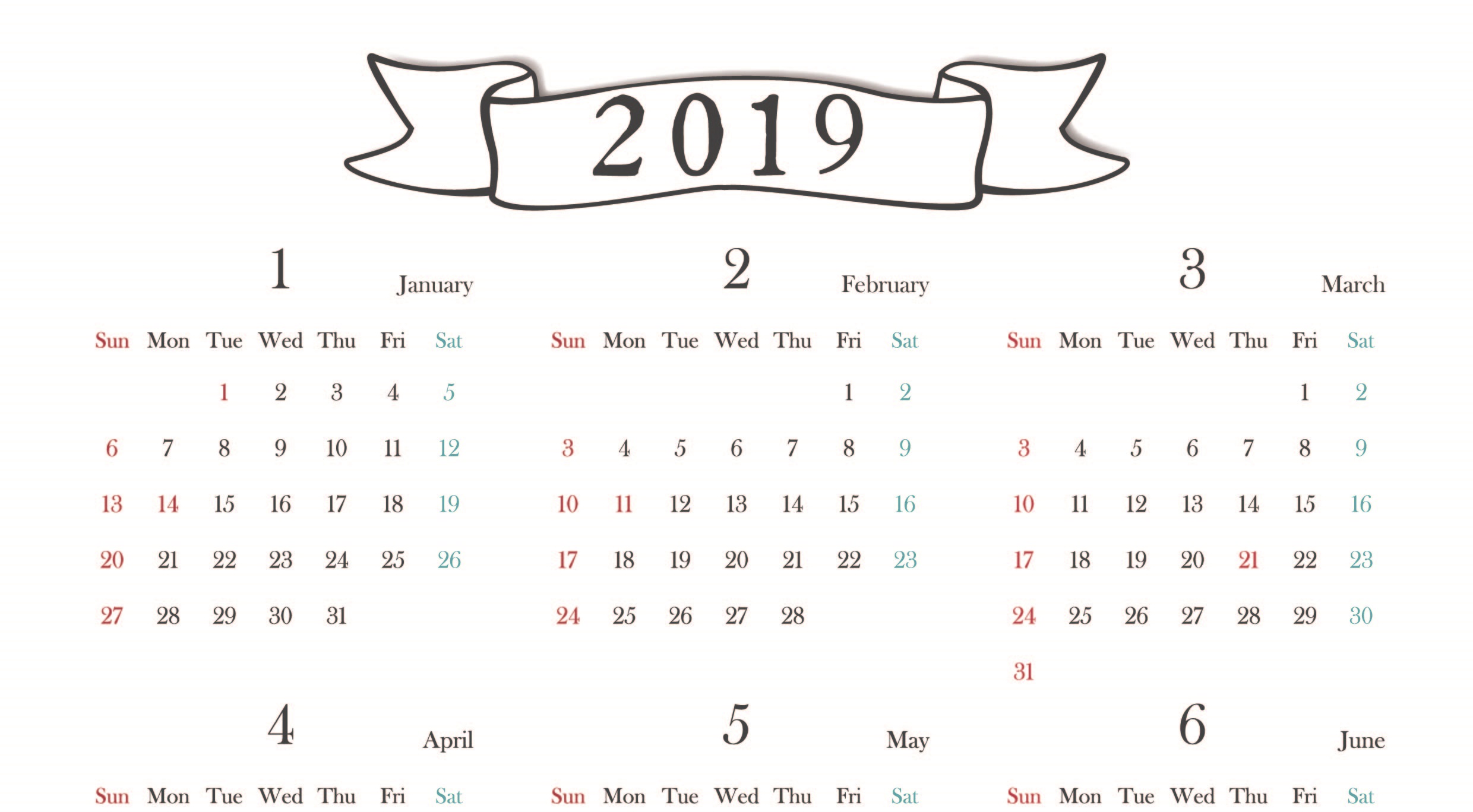 2019年の年間縦型カレンダー