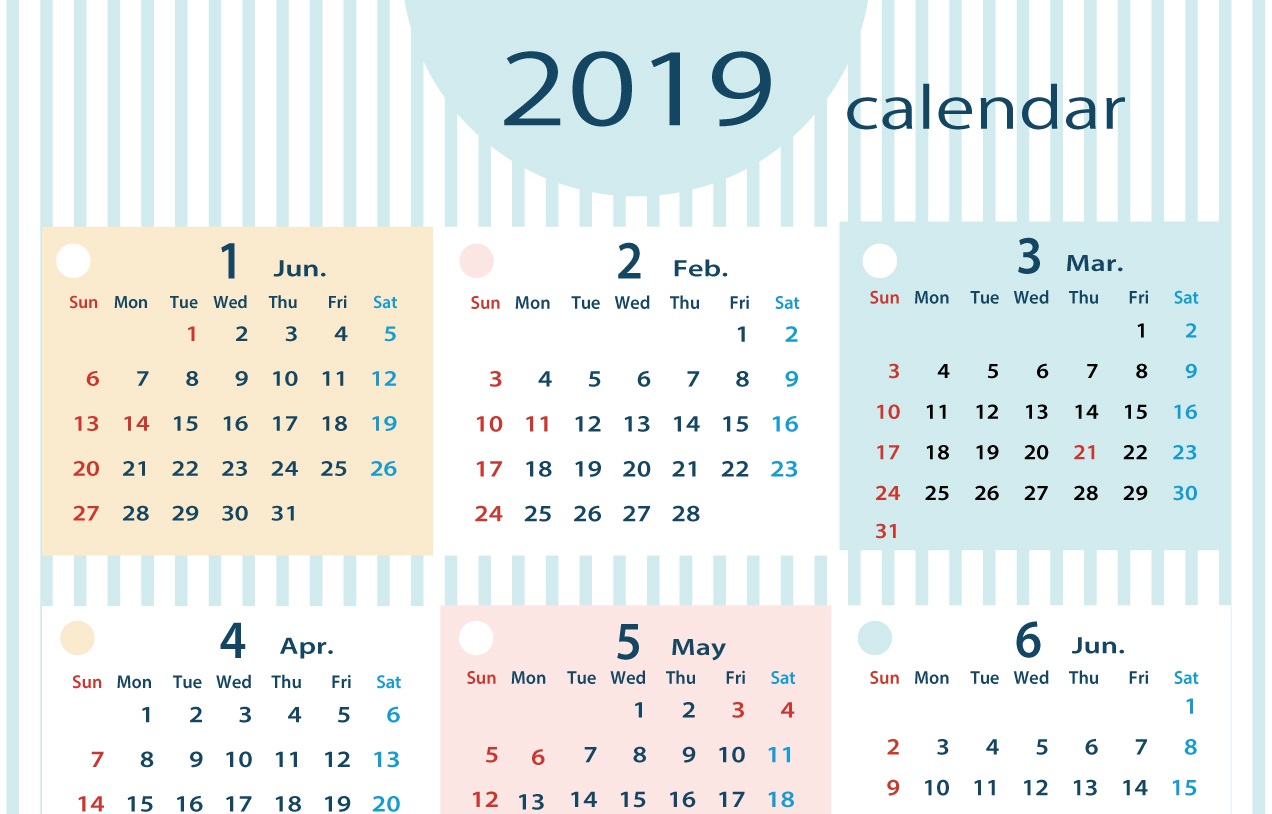 2019年の年間縦型カレンダー