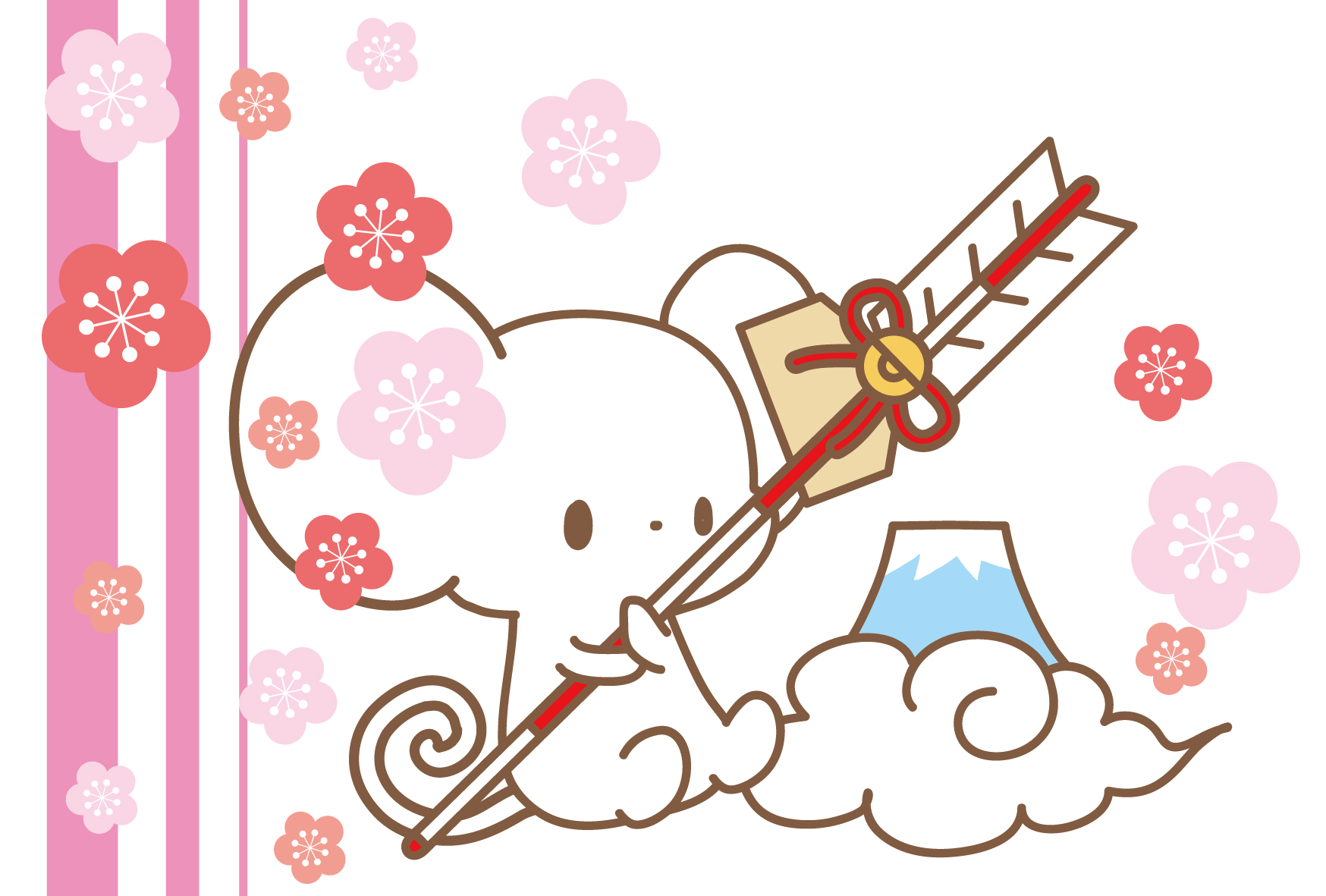 富士山と破魔矢と絵馬のねずみ無料イラスト年賀状素材