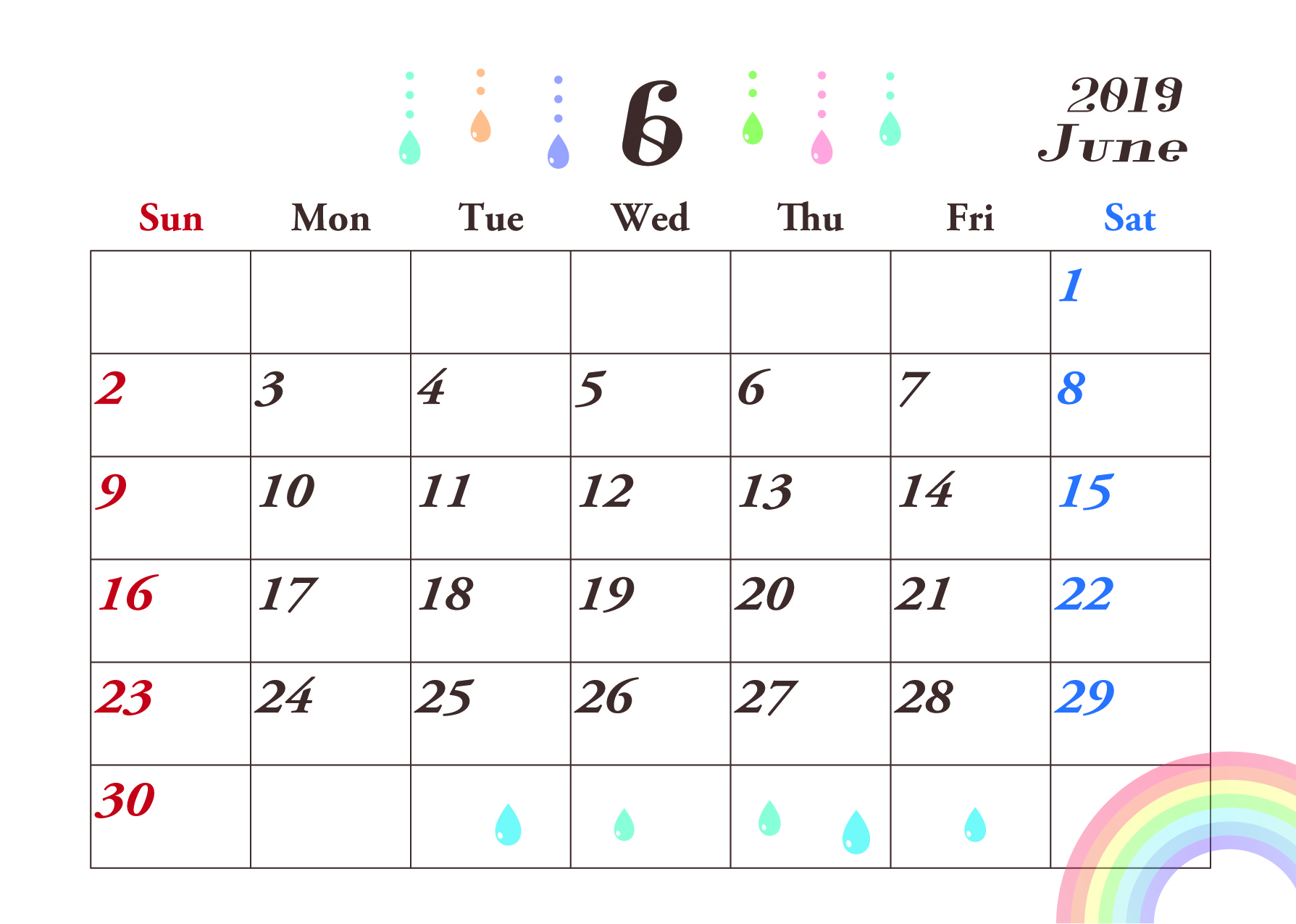 2019年6月横型カレンダー