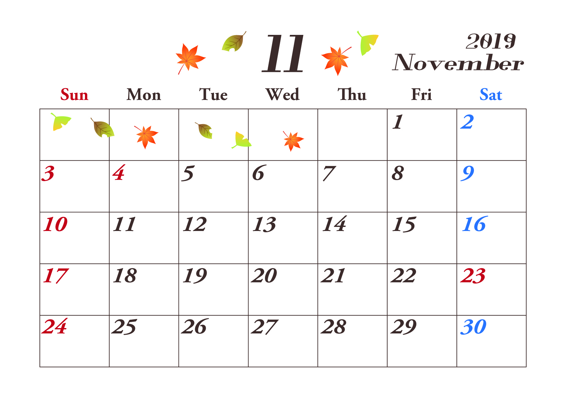 11月 カレンダー エクセル ワード ｐｄｆ 無料ダウンロード テンプレルン