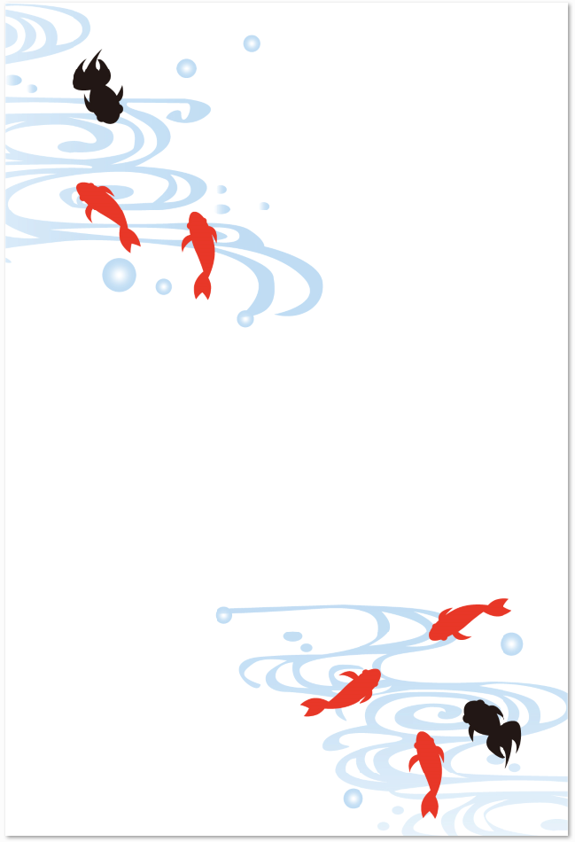 涼しげに泳ぐ赤と黒の7匹の金魚の「はがき」をダウンロード