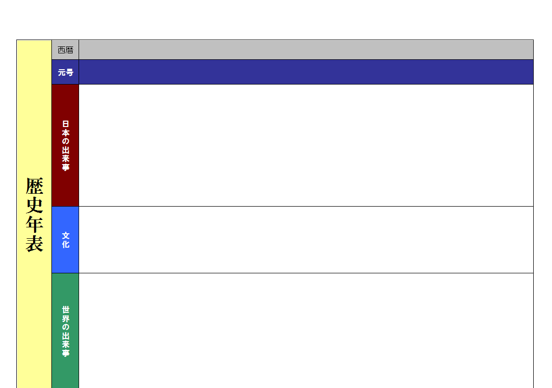 シンプルに日本史と世界史を同時に記載する歴史年表の無料テンプレート 無料ダウンロード テンプレルン