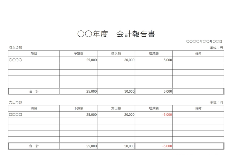 シンプルな会計報告書の横型A4サイズの無料テンプレート