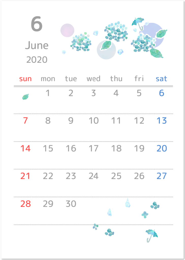 2020年6月縦型の紫陽花 アジサイ イラスト無料カレンダー 無料ダウンロード テンプレルン