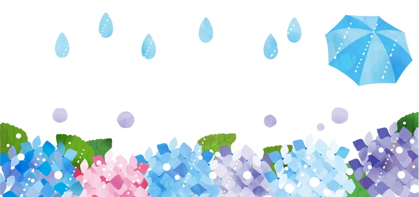 6月の雨・傘と紫陽花の花の無料イラストの梅雨フレーム素材