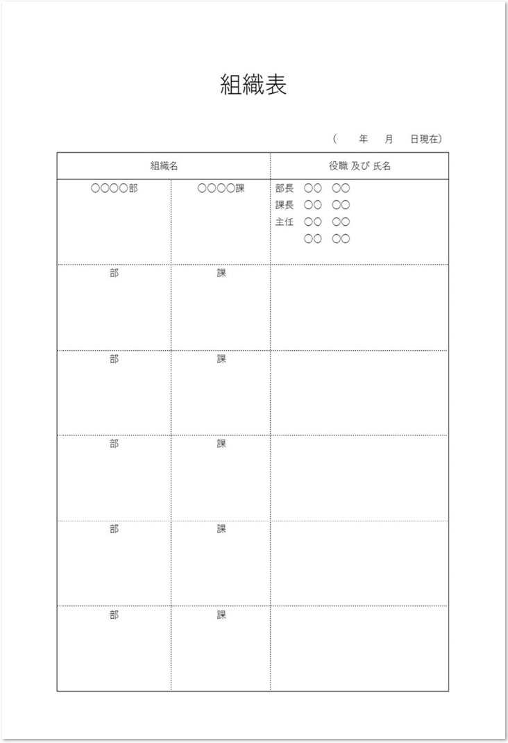 シンプルな一覧表時の組織表 組織図 縦型の無料テンプレート素材 無料ダウンロード テンプレルン