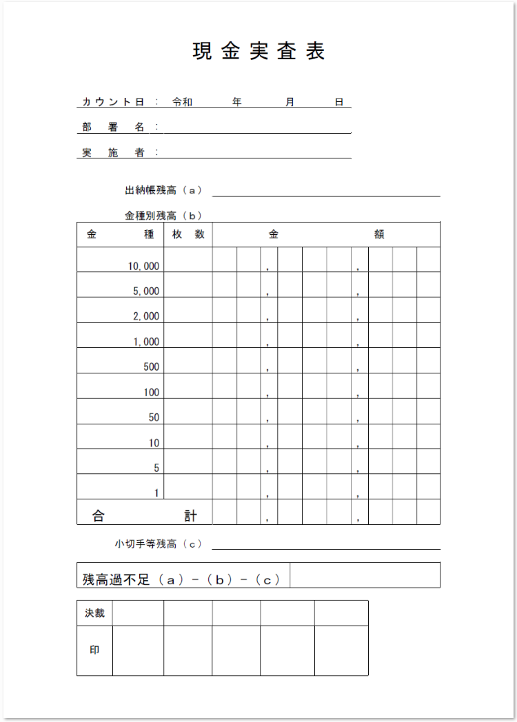 現金実査表フォーマット エクセル ワード ｐｄｆ 無料テンプレート素材 無料ダウンロード テンプレルン