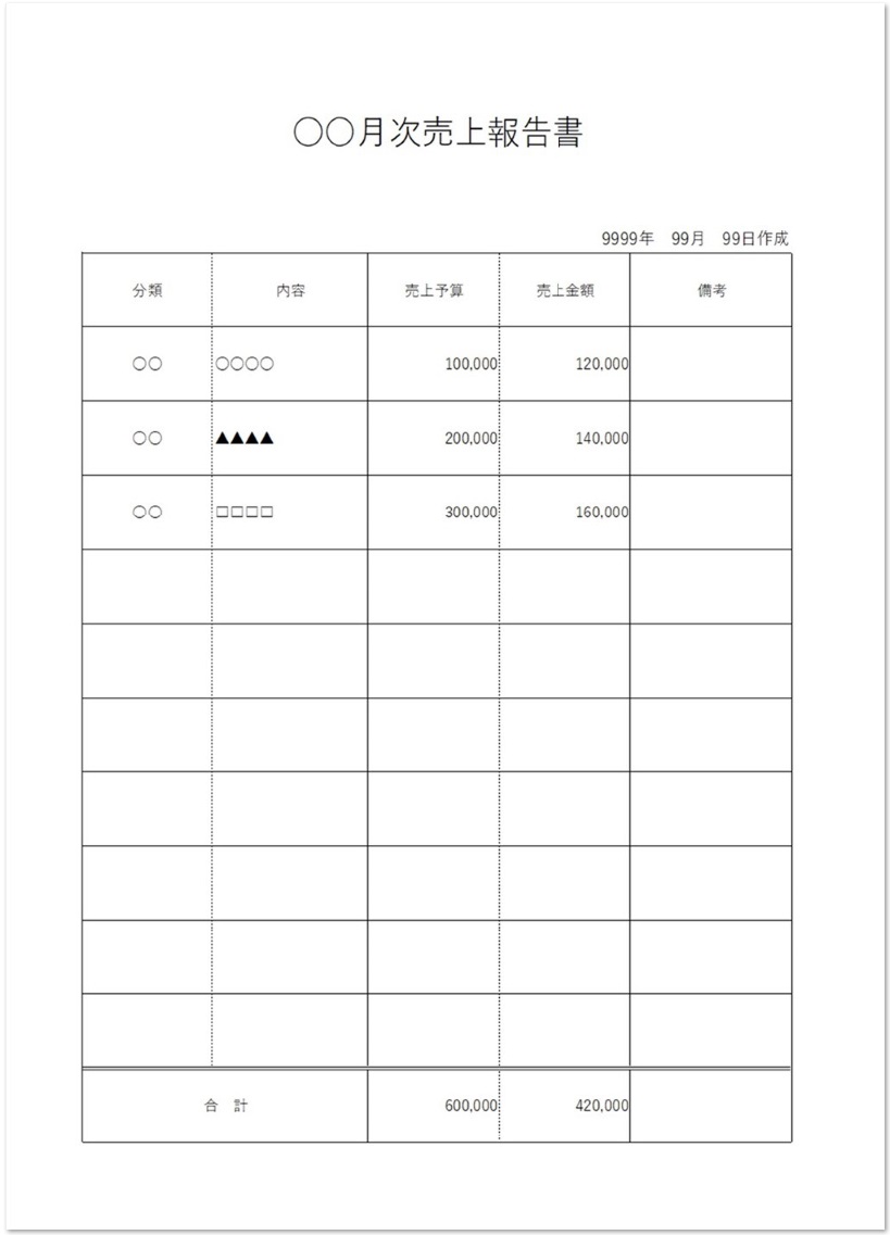 月次売上報告書のシンプルな一覧表 Word Excel Pdf 無料テンプレート 無料ダウンロード テンプレルン